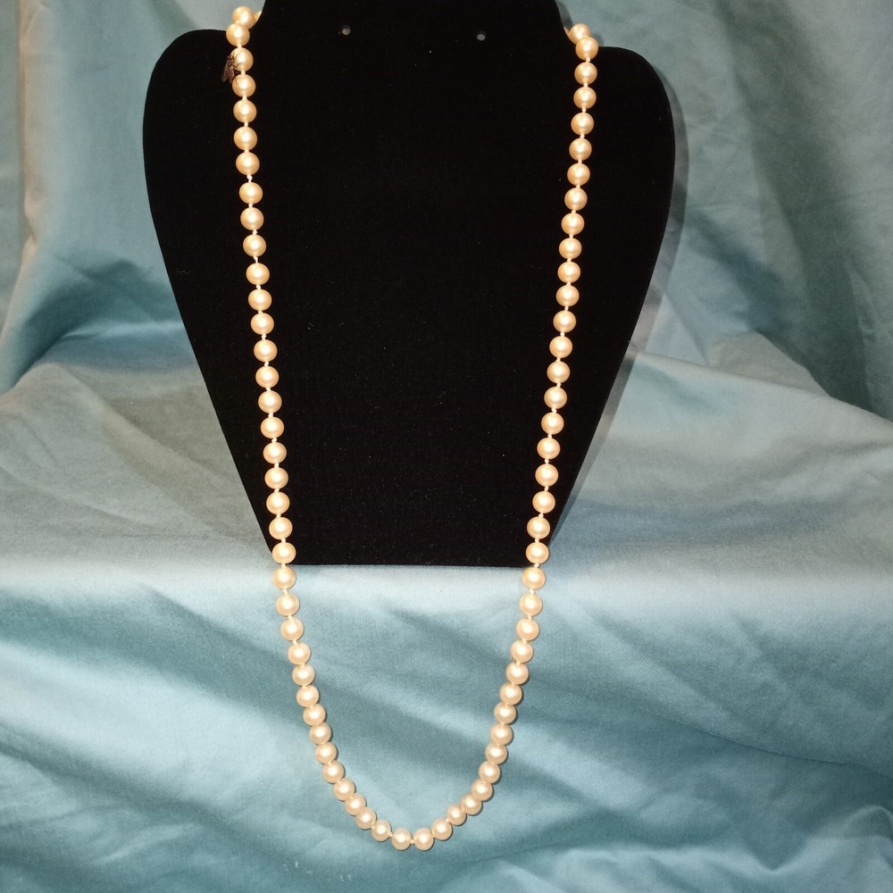 Faux Pearl Necklace 30" Knotted Single Strand Ball Clasp Cream J1
